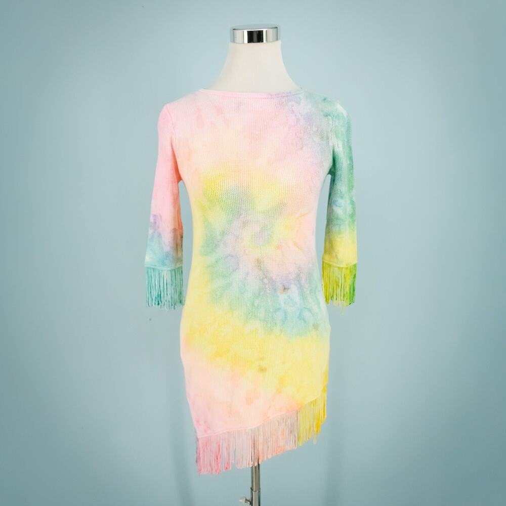 Unif Size Small S Stevie Multicolor Pastel Tie Dye Scoop Neck 3/4 Sleeve Waffle